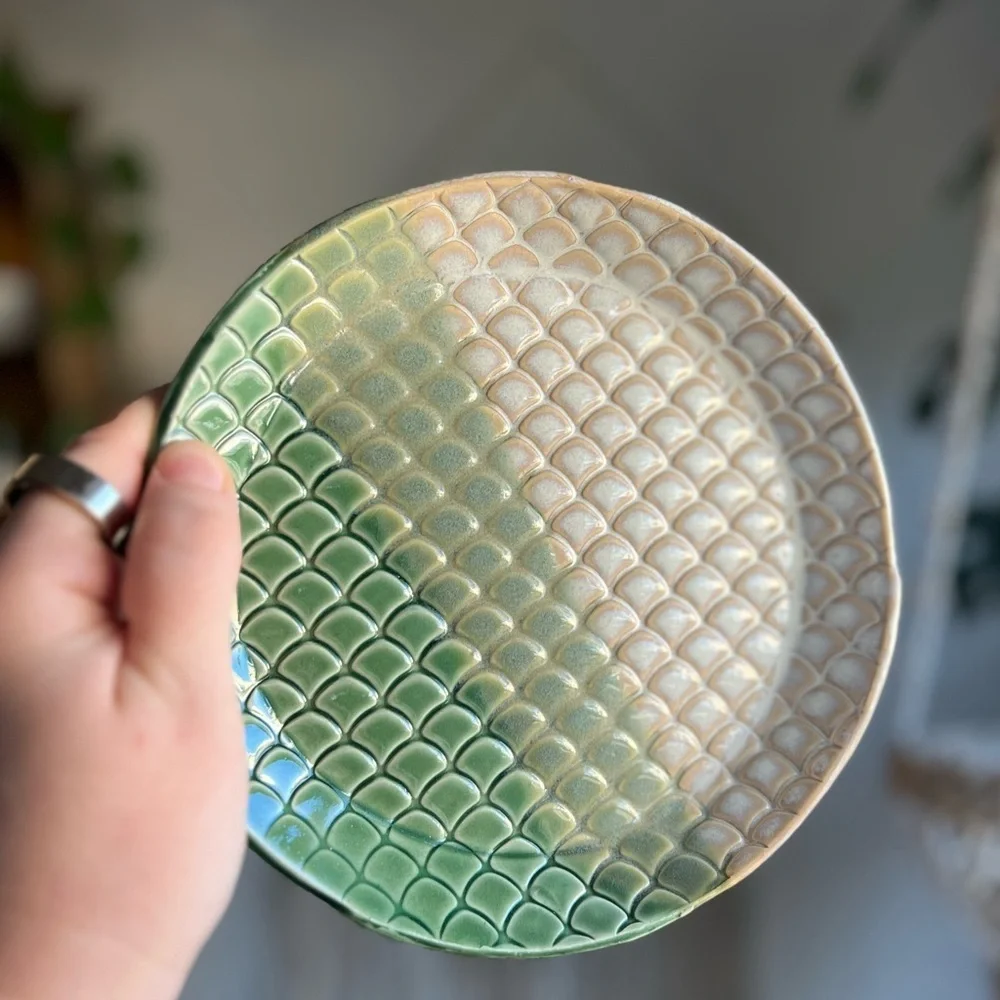 Handmade Green Mermaid Scales Ceramic Plate, 7-Inch Coastal Decorative Dish